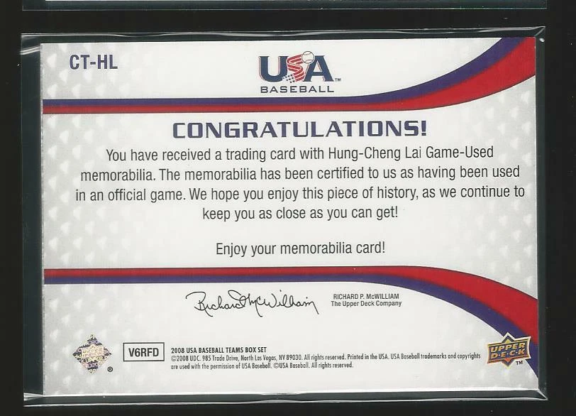 2008 Upper Deck USA Hung-Cheng Lai Chinese Taipei GU Jersey Patch Rare Sp /479 - Image 2 of 2