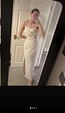 Beautiful Bridal Cream Dress With Black Heart Print, Size L, With Open Back