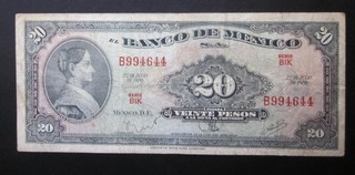 MEXICO 20 PESOS 1970 BANKNOTE P 54p SERIE BIK OLD BANCO DE MEXICO NOTE