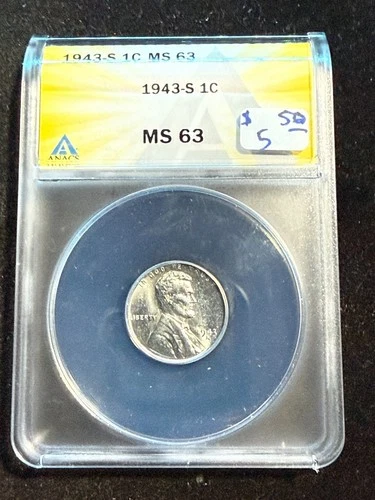 1943 S LINCOLN WHEAT STEEL CENT ANACS MS 63 128