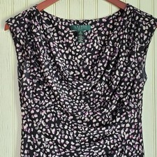 Lauren Ralph Lauren Dress Womens 6 Black Animal Cowl Ruched Sheath Knee Length