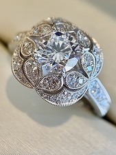 Vintage Silver Floral Ring With Round Center Stone For Women Size 6 7 8 9 10