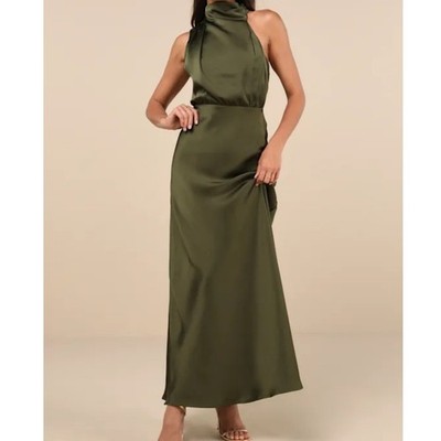 green silk mermaid dress In The Style Olive Satin Twist Back Maxi Dress main image 1