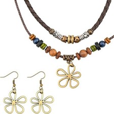 Layered Boho Necklace Earrings Wood Bead Hippie Choker Hollow Flower Charm