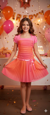 Girls 12 Orange Pink Low Waist Belt Shrug Fairy Glitter Full Pleated Party Dress