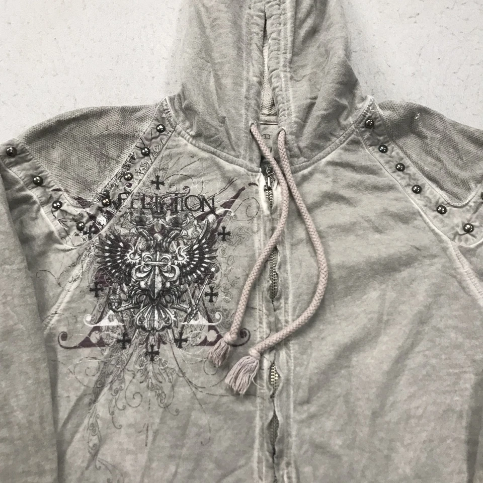 Sudadera con Capucha DE COLECCIÓN Affliction Para Mujer Grande Gris Alas Cruzadas Cremallera Y2K Emo Foto 2 de 4