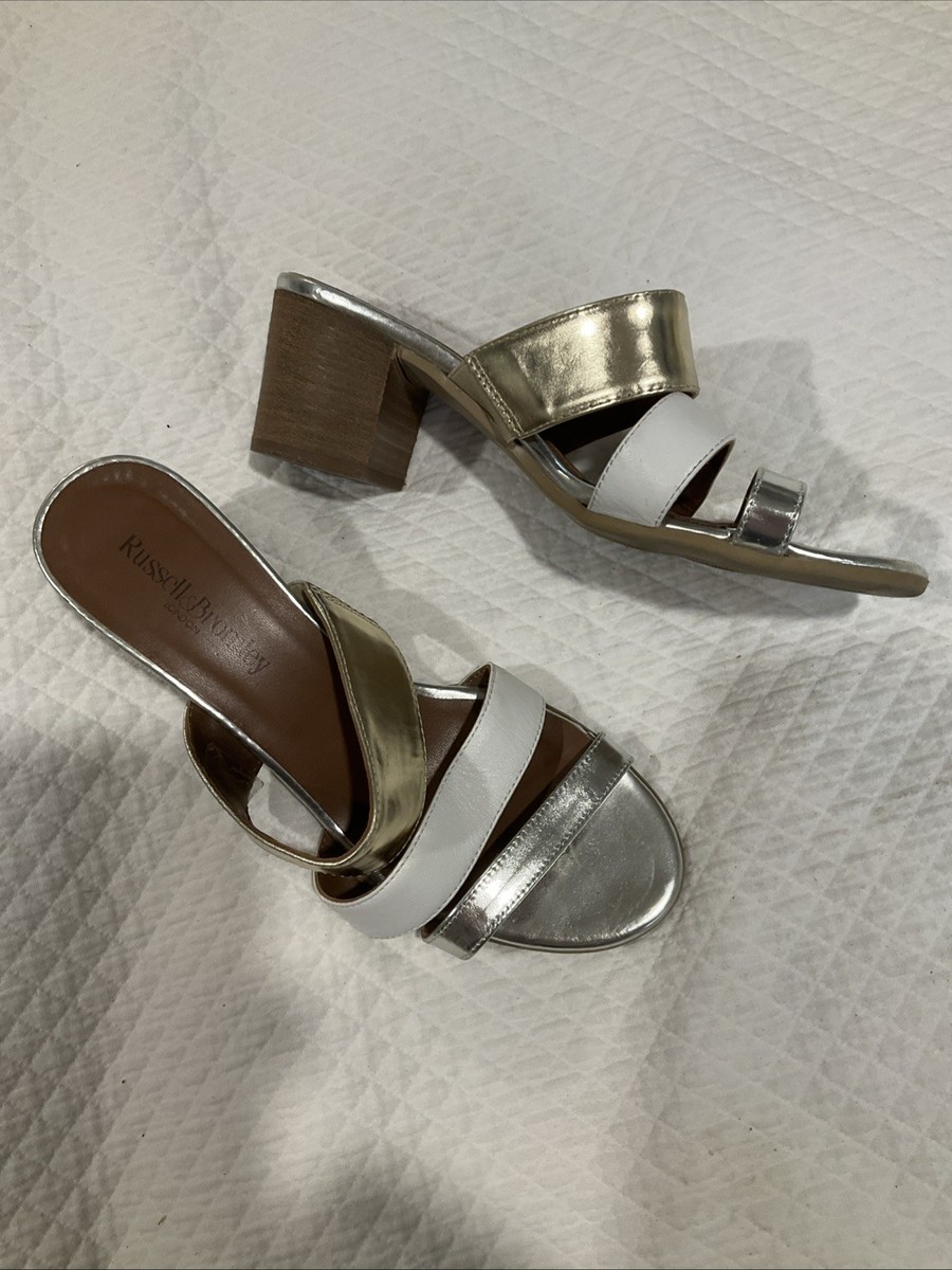 Russell Bromley Gold White Leather Heeled Sandals Triple Strap
