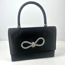 Black Satin Evening Bag w/ Crystal Embellished Bow and Silver Chain Strap