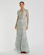 Mac Duggal 11165 Powder Blue Long Sleeve Lace V-Neck Formal gown