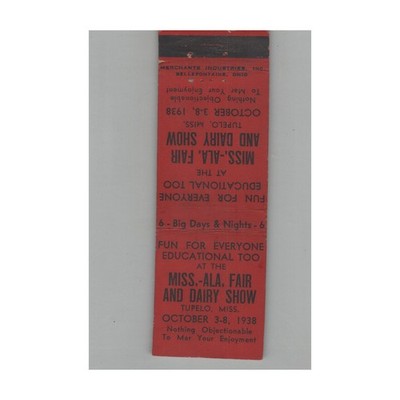 Matchbook Cover Miss Ala Fair and Dairy Show Tupelo MS