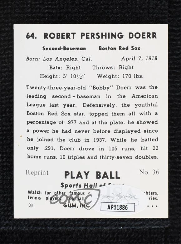 JSA Certified 1977 CCC Playball Reprints Bobby Doerr #36 COA Auto HOF - Image 2 of 2