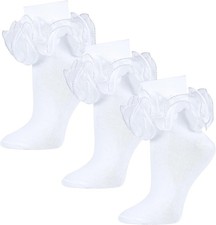 Women White Ruffle Socks Turn Cuff, Double Lace Ankle One Size, White-3pairs