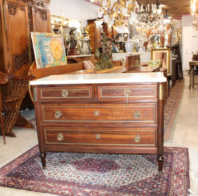 French Antique Louis XVI Mahogany Chest of  Drawers Whit Marble top Dresser