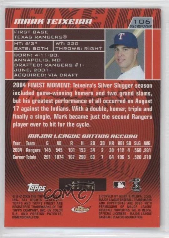 2005 Topps Finest Gold Refractor /49 Mark Teixeira #106 - Image 2 of 2