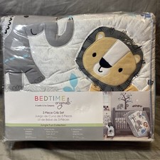 Jungle Fun 3-Piece Crib Sheet Set Blue Tan Gray Elephant Lion Monkey Turtle New