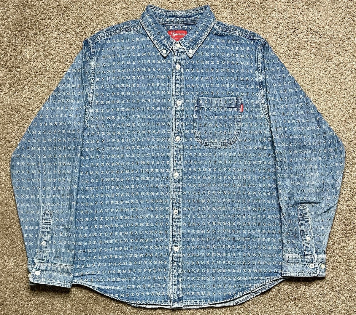 Supreme Jacquard Logos Blue Denim Button Down Shirt Size Medium