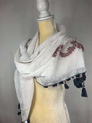 Anna & Ava Women Scarf Wrap Shawl 100% Cotton Beach Cover Embroidered White New
