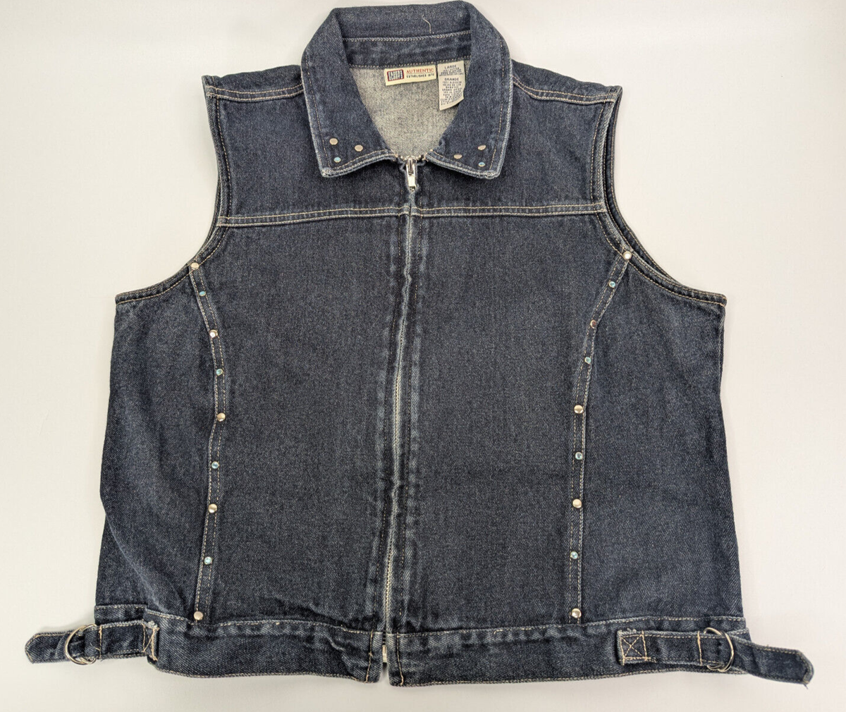 Vintage Faded Glory Denim Zip Vest Womens Large Studded Rhinestone