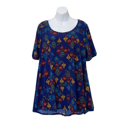 LuLaRoe Simply Comfortable Womens Shirt Sz L Tunic Blue/Red/Gold Trapeze Hem Top