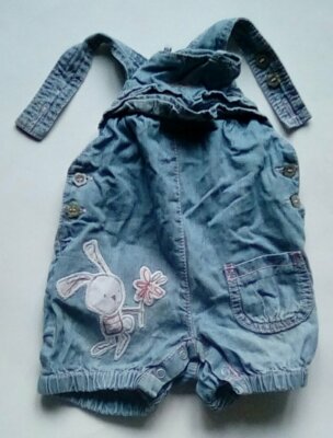 NEXT Baby Girl Blue Denim Cotton Dungarees Shorts Rabbit Design Size 3-6  Months UK