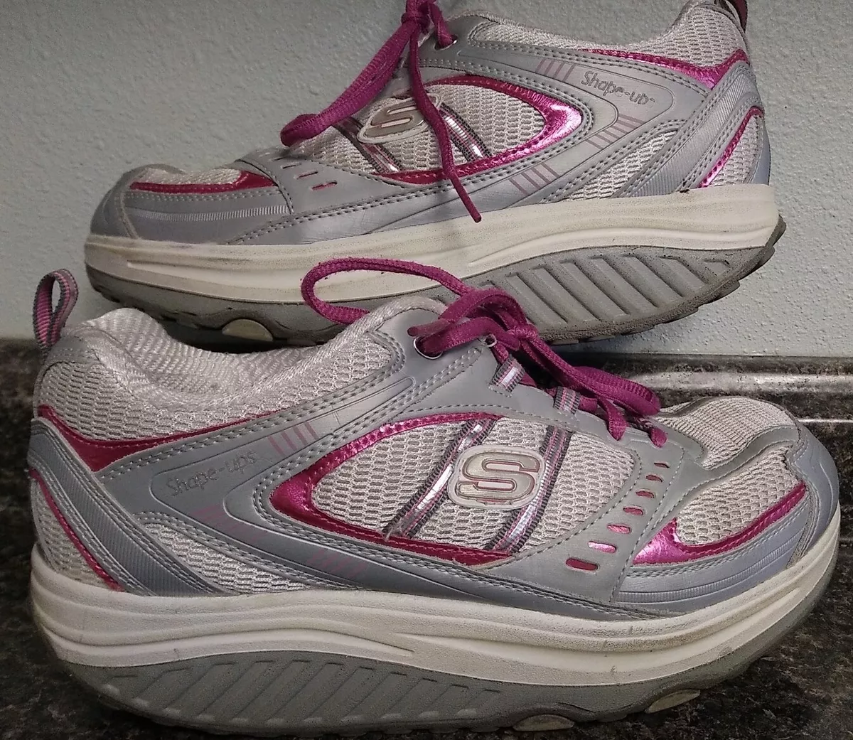 Skechers Womens 9.5 Shape Ups Walking Toning Shoes White Pink Silver-11814