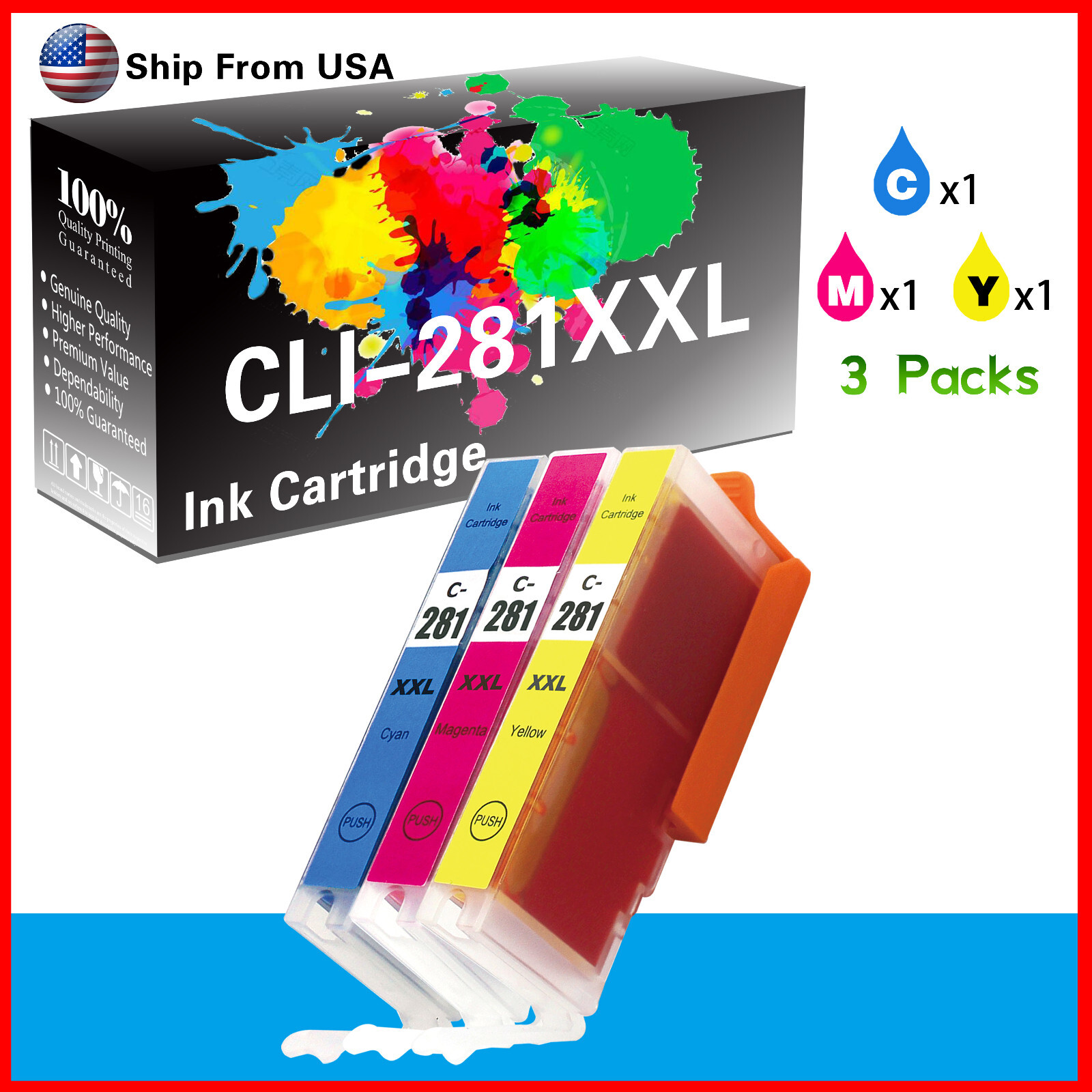 3PK CLI281 CLI281XXL Ink Cartridge for Pixma TS8320 TS8322 TS9120 (CMY ...