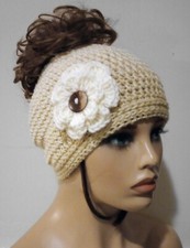 crochet womans handmade messy bun hat flower beanie puffs sand brown USA made