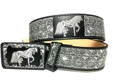 CINTO CHARRO BORDADO HILO PLATEADO. MENS WESTERN SILVER EMBROIDER LEATHER BELT