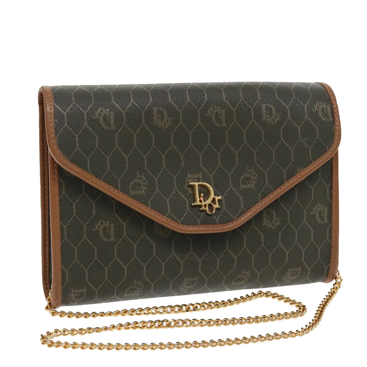 Christian Dior sac à bandoulière chaîne toile nid d'abeille PVC kaki or authentique yk15460