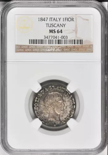 ITALY / ITALIAN STATES  TUSCANY  1847  1 FIORINO SILVER COIN NGC CERTIFIED MS64