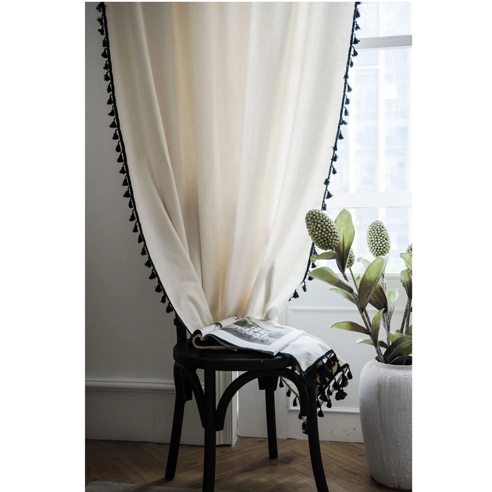 Semi-Blackout Cotton Linen Curtain Tassel Drape Window for Living Room Bedroom - Image 4 of 4