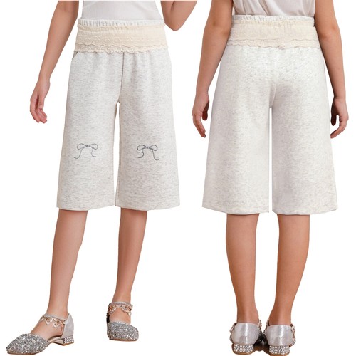 Girls' Cute Cropped Tights Pants Summer Solid Lace Trim Stretch Dance Yoga Pants - Picture 44 of 51