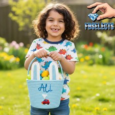 Personalized Name Easter Embroidered Icon Cotton Rope Basket for Kids Decoration