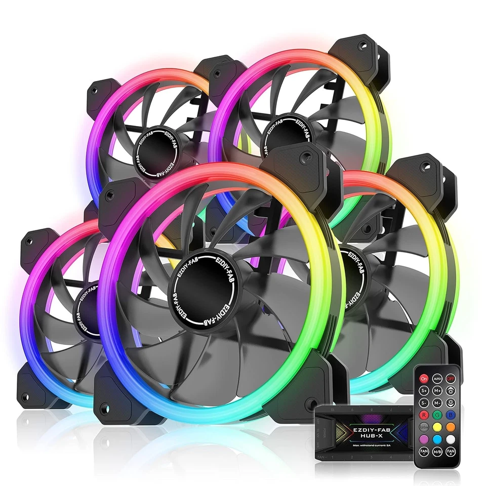 RGB Dual Ring 120mm Case Fans, Speed Adjustable - 5 Pack - Image 3 of 4