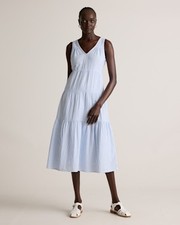 Quince Women 100% Organic Cotton Gauze Tiered Maxi Dress Stripe Blue M