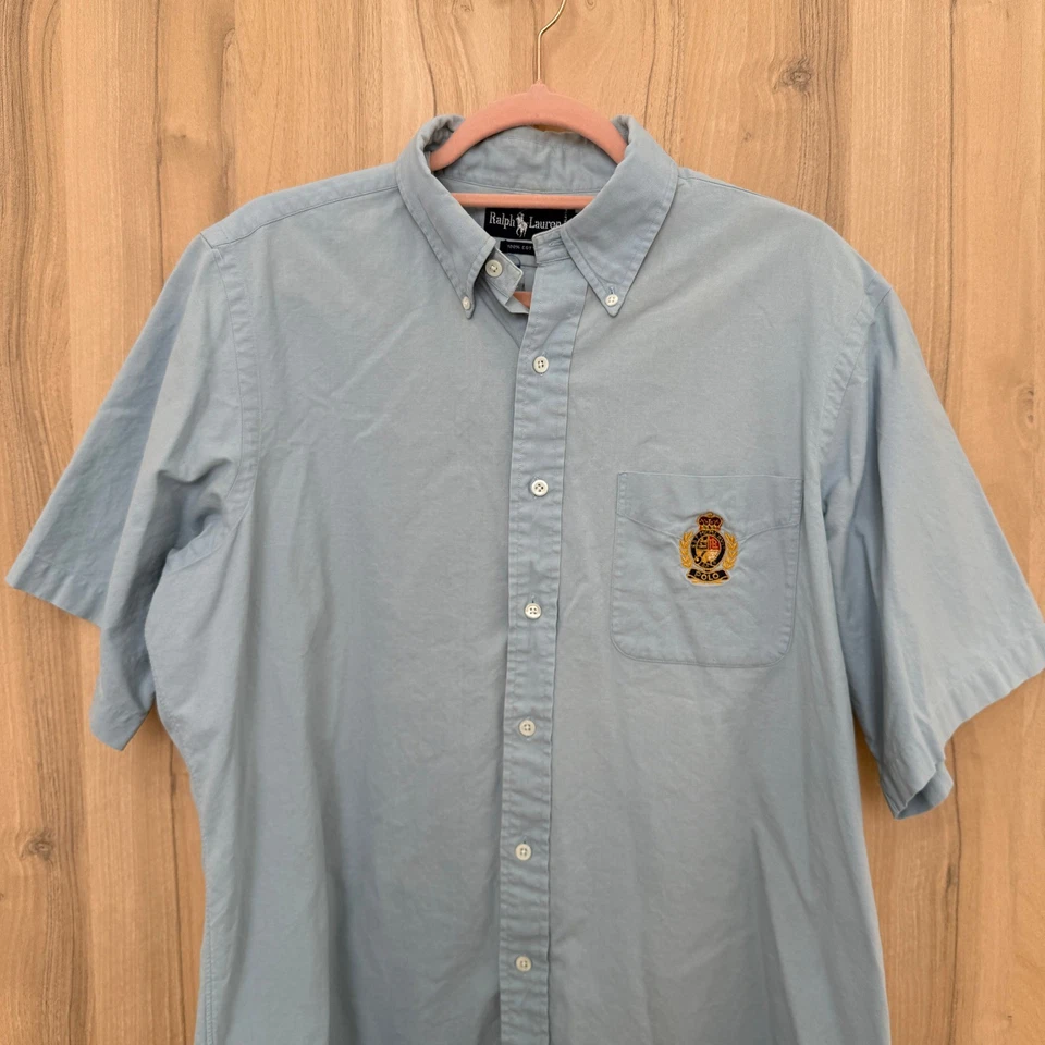 Ralph Lauren Mens Shirt Size L Blue Short Sleeve Crest Oxford Preppy Classic - Image 2 of 4