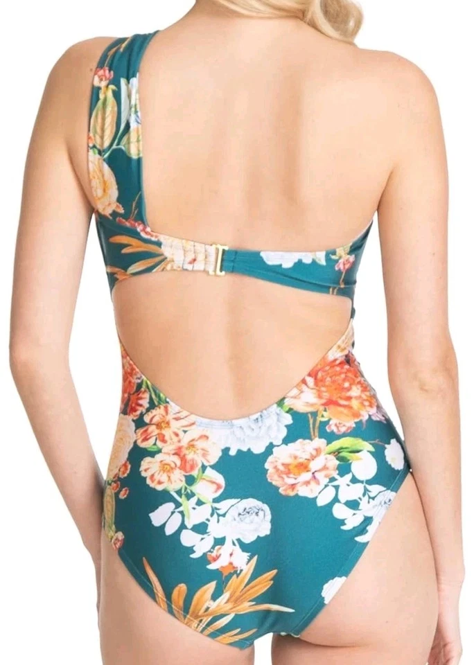 Traje de baño Rachel Roy para mujer acanalado de un hombro de una pieza, verde azulado floral X-grande Foto 3 de 3