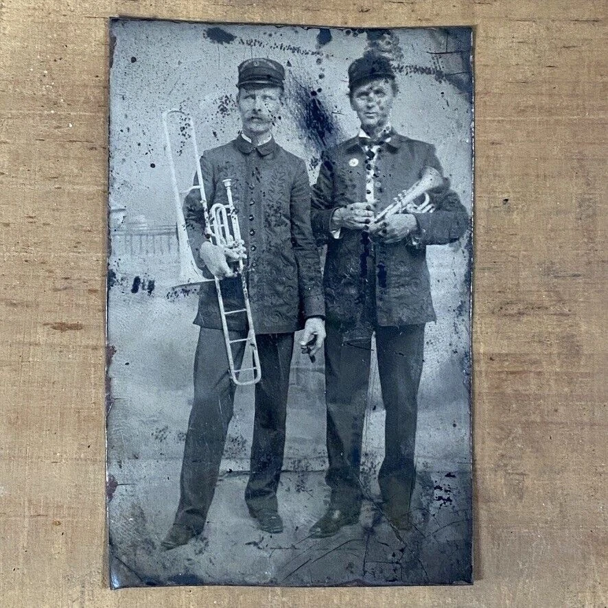 Late 1800s TinType Photo of Marching Band Musicians w Instruments Valve Trombone - Image 2 of 4