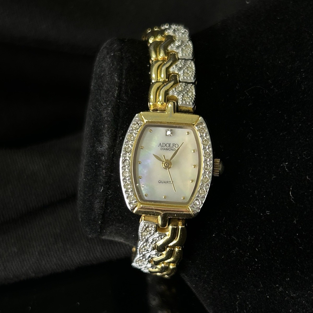 Vintage Adolfo Lady Watch Mother of Pearl Quartz Gold Rhinestone