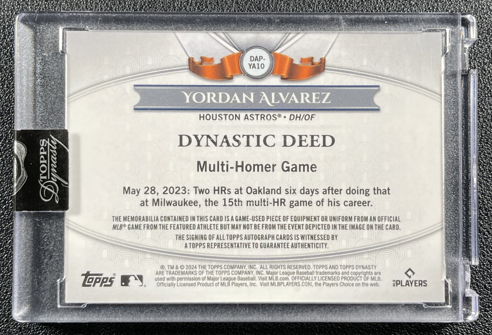 YORDAN ALVAREZ 2024 TOPPS DYNASTY GAME USED PATCH AUTO SILVER 2/5 ASTROS view 2