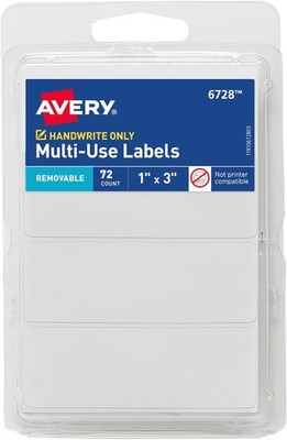 Avery Multi-Use Removable Labels, 1'' x 3'', White, Non-Printable, 72 Blank Labels