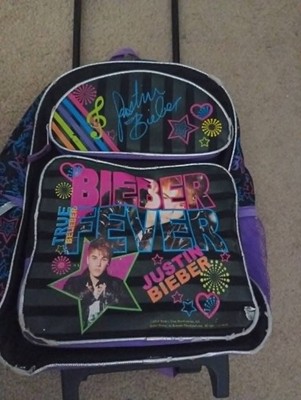Justin Beiber backpack with rolling wheels and handle purple