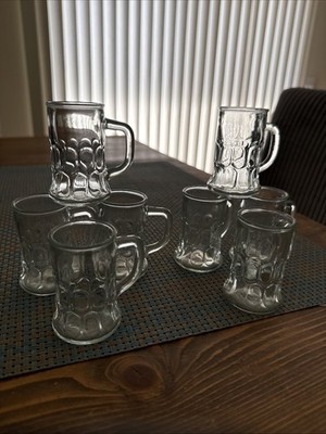 Vintage Clear Glass 2-1/2  Mini Beer Mug Handle Shot Glasses Reim France 8 Piece