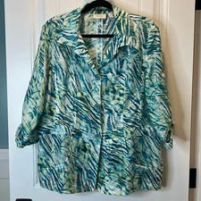 Chico's Size 2 Linen Blend Turquoise and Green Button Closure Jacket.