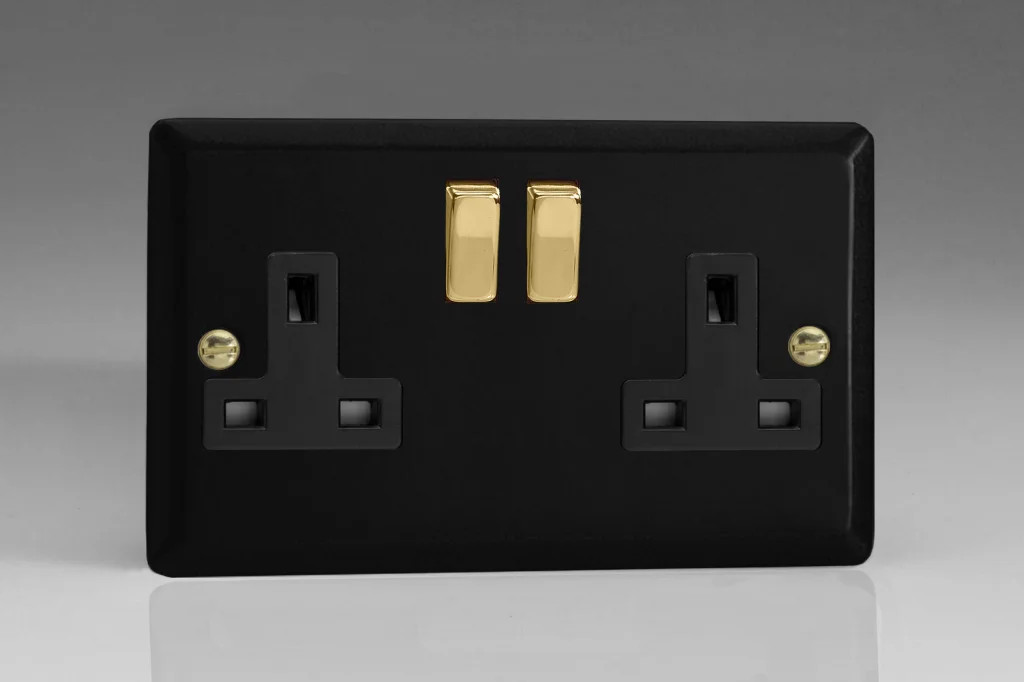 13A Socket Black 2-Gang 2 Pole Vogue Matt + Polished Brass Insert Varilight