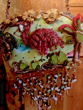 Rare Mary Frances Flamingo Paradise handbag fringe palm tree purse