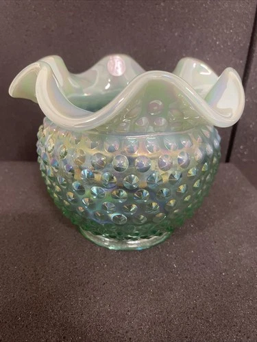 Fenton Art Glass Willow Green Hobnail Opalescent Vase