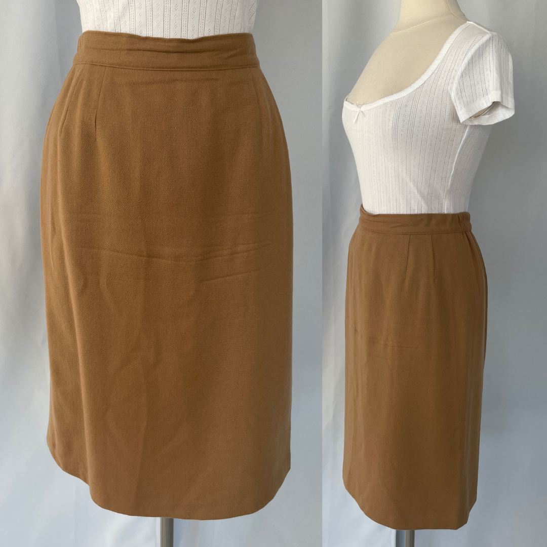Vintage Midi Skirt Size 12 Camel Brown Straight Pencil Minimal Secretary Office-image