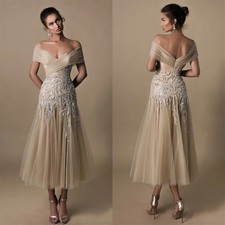 Champagne Tulle Tea-Length Mother of the Bride Dress Sequined Evening Party Gown