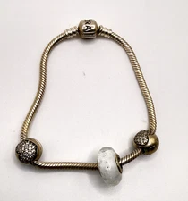 Pandora Charm Bracelet With 2 Heart Spacers and White Bead Authentic